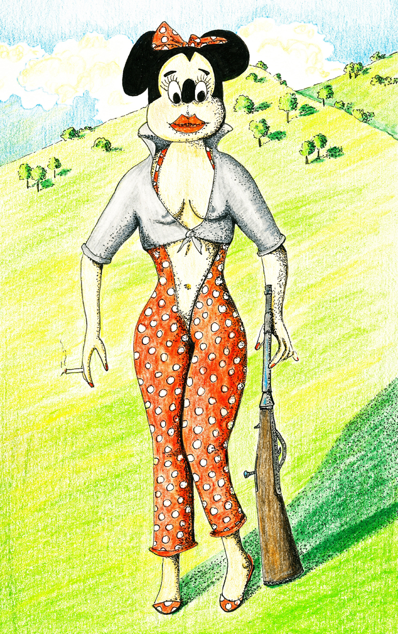 10. Female Deity (Hybrid Minnie with fag & gun) pen and ink and coloured pencil